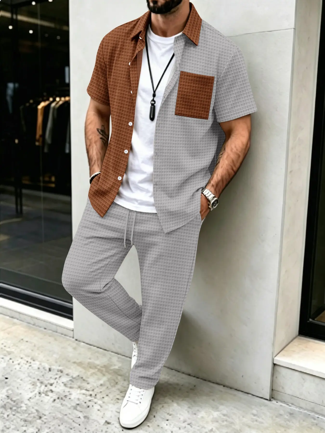 Summer Clothes Fashion - Men's Solid Waffle Pattern Casual, Color
