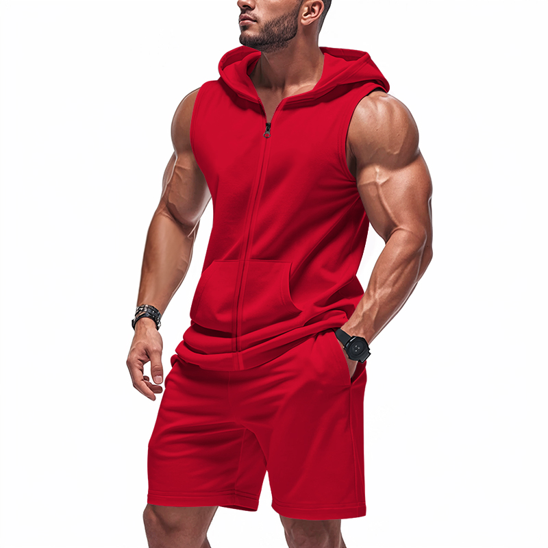 Summer Gym Clothing - Men's Suit Sleeveless Hoodie Two-Piece Set