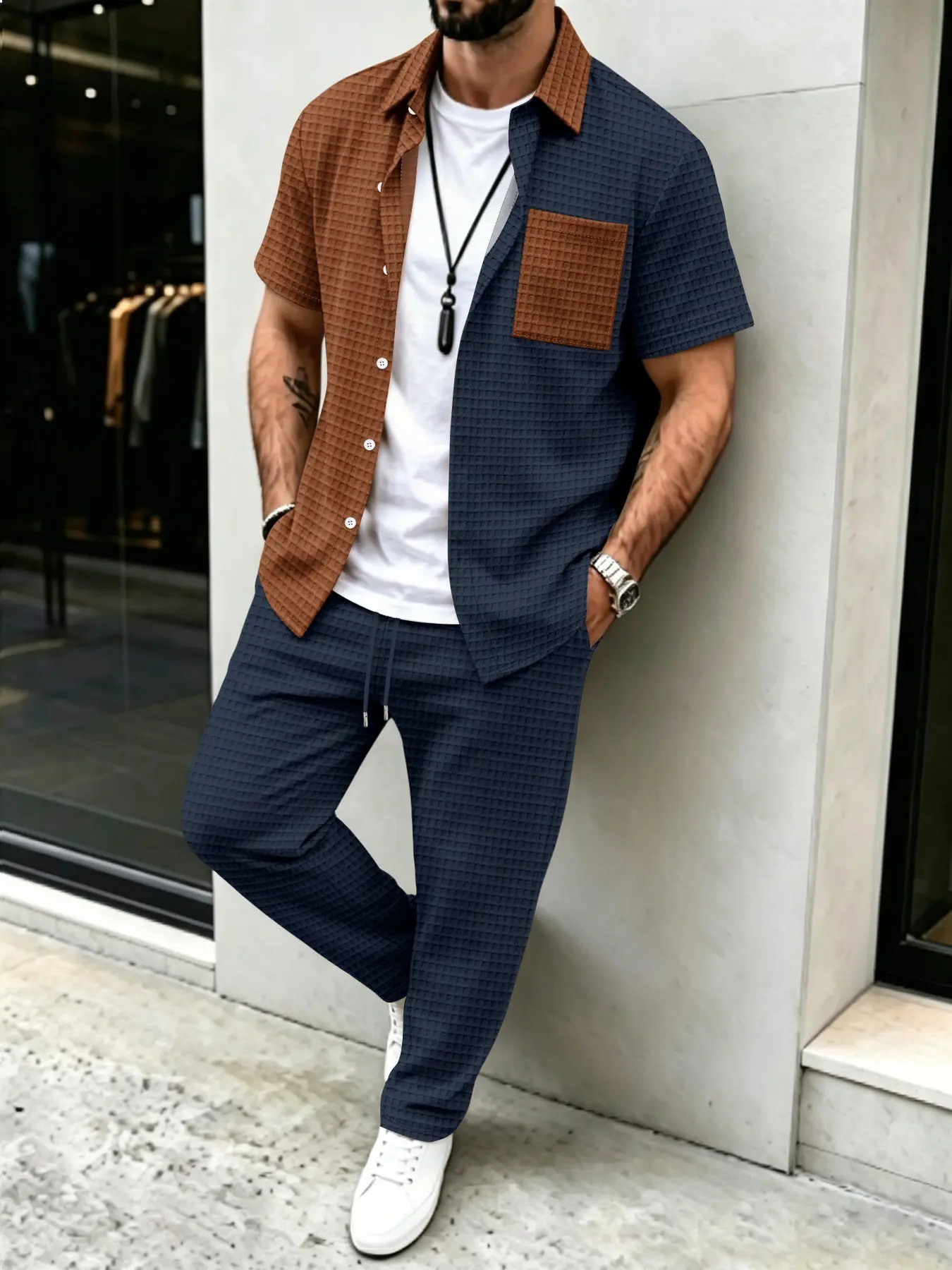 Men's Solid Waffle Pattern Cas - Summer Clothes Fashion review and price