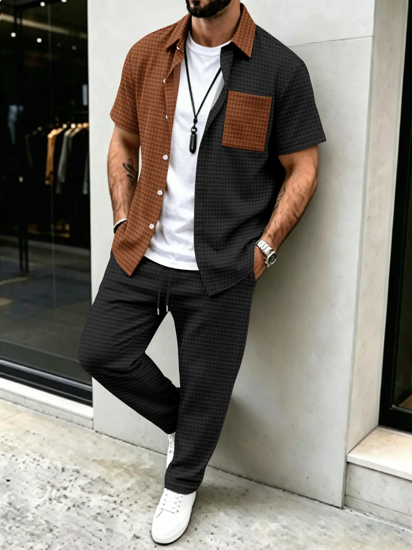 Men's Solid Waffle Pattern Cas - Summer Clothes Fashion review and price