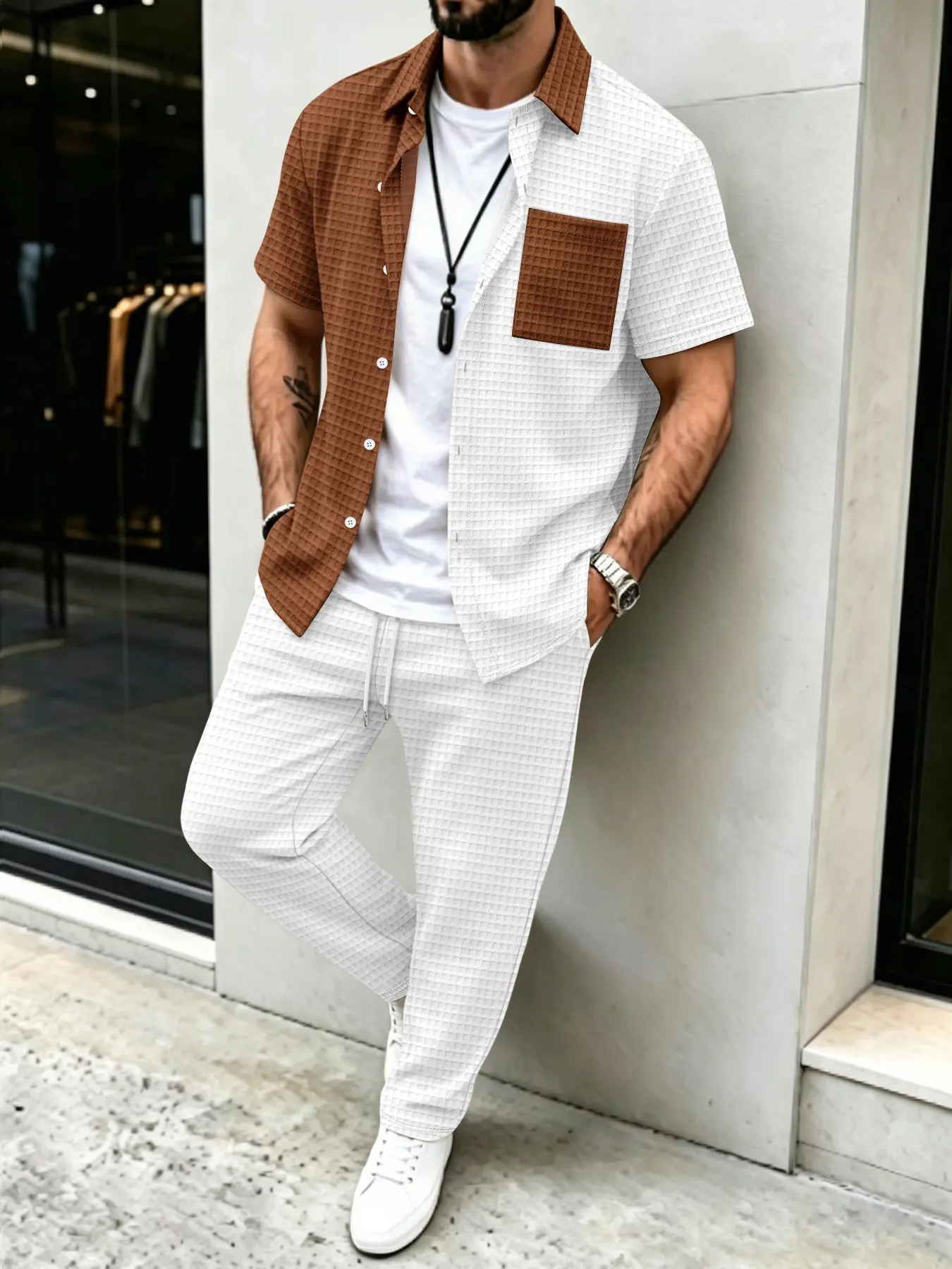 Men's Solid Waffle Pattern Cas - Summer Clothes Fashion review and price